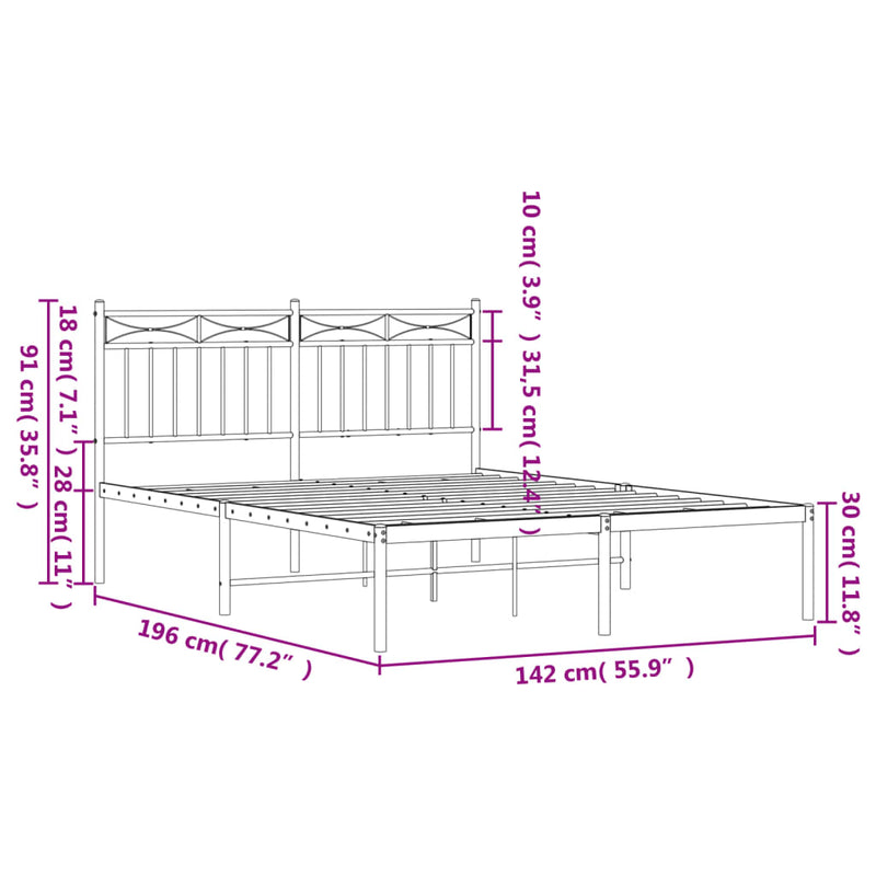 Metal Bed Frame with Headboard Black 53.1"x74.8"