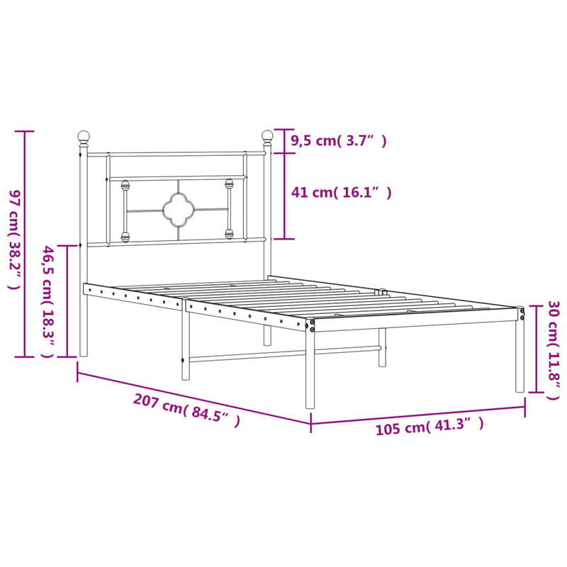 Metal Bed Frame with Headboard White 39.4"x78.7"