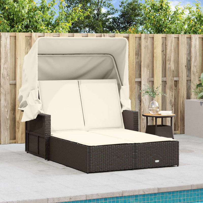 Double Sun Lounger with Canopy and Cushions Brown Poly Rattan