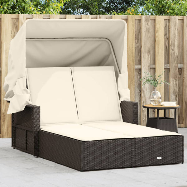 Double Sun Lounger with Canopy and Cushions Brown Poly Rattan