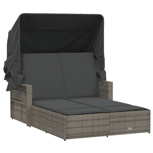 Double Sun Lounger with Canopy and Cushions Gray Poly Rattan