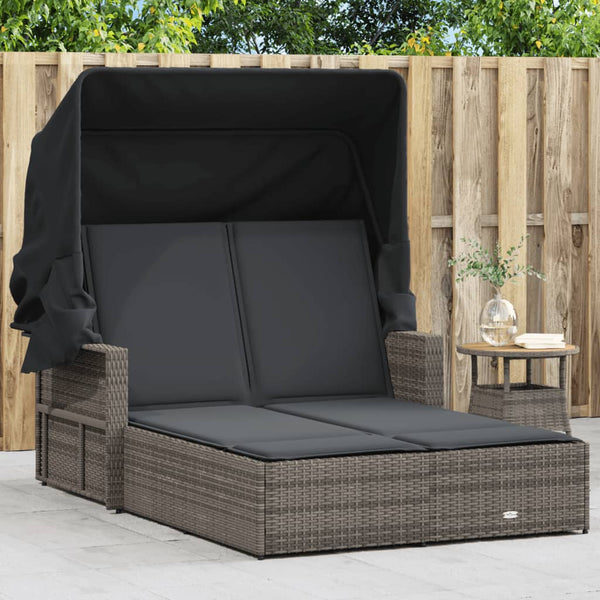 Double Sun Lounger with Canopy and Cushions Gray Poly Rattan