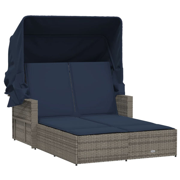 Double Sun Lounger with Canopy and Cushions Gray Poly Rattan