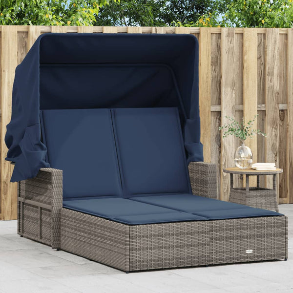 Double Sun Lounger with Canopy and Cushions Gray Poly Rattan