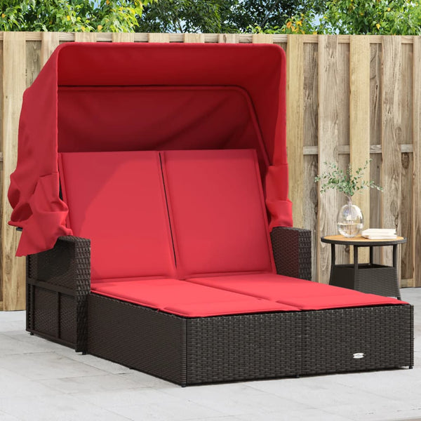 Double Sun Lounger with Canopy and Cushions Brown Poly Rattan