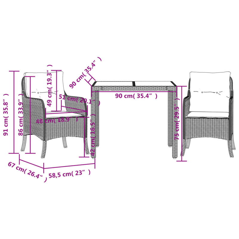 3 Piece Patio Dining Set with Cushions Gray Poly Rattan