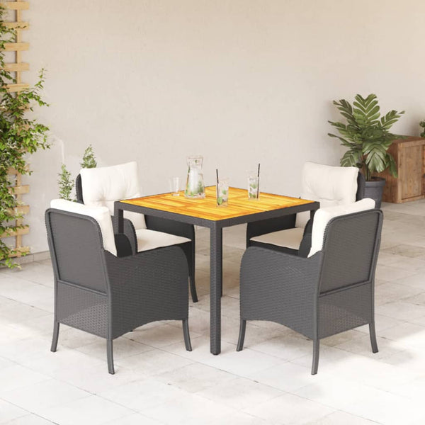 5 Piece Patio Dining Set with Cushions Black Poly Rattan