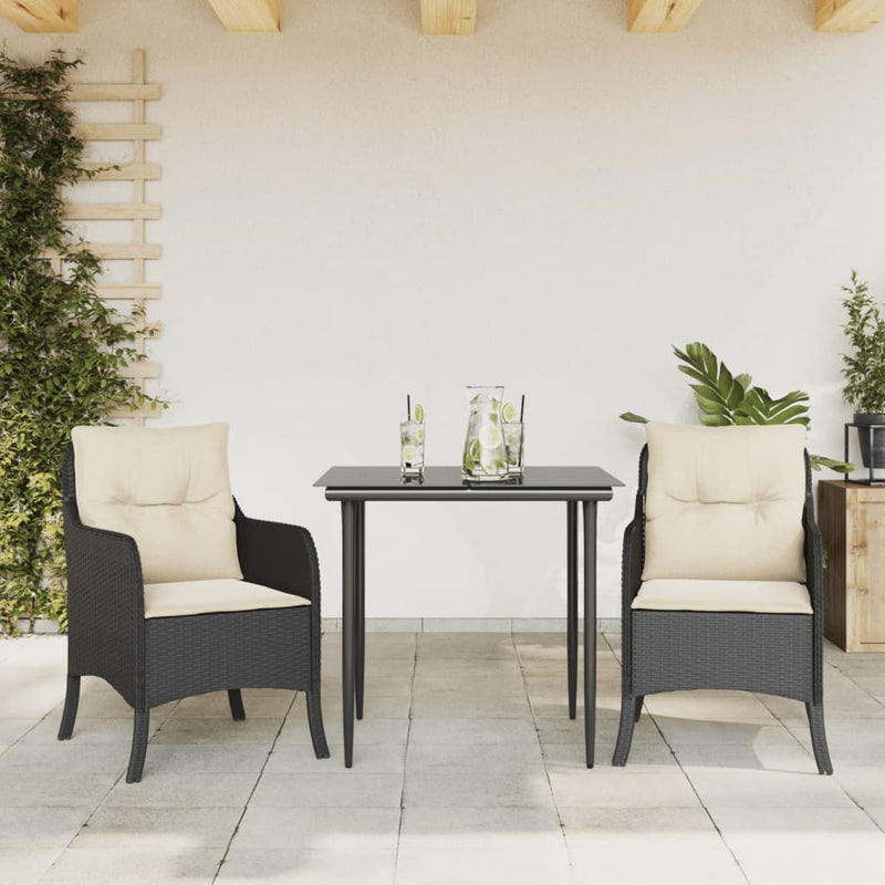 3 Piece Patio Dining Set with Cushions Black Poly Rattan