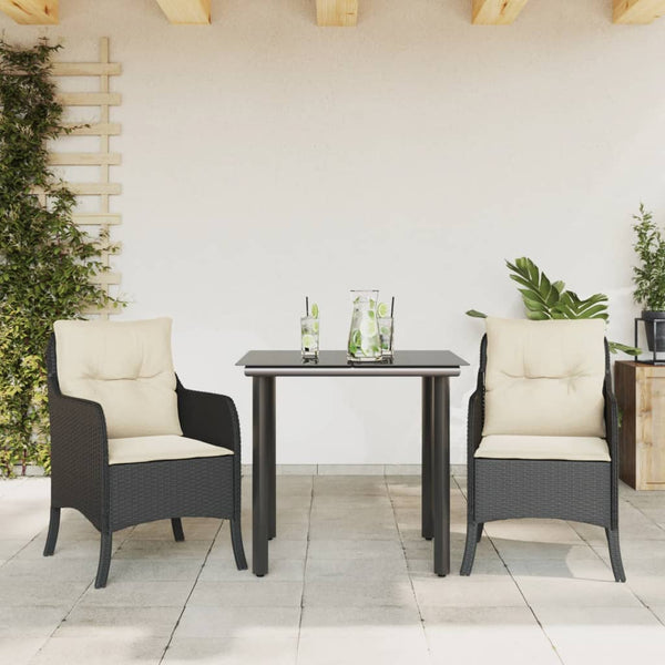 3 Piece Patio Dining Set with Cushions Black Poly Rattan