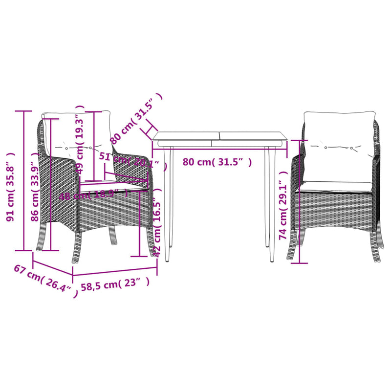 3 Piece Patio Dining Set with Cushions Brown Poly Rattan