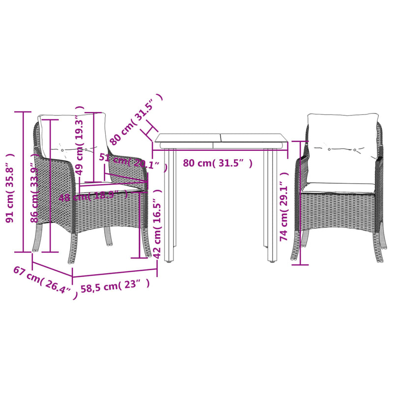 3 Piece Patio Dining Set with Cushions Brown Poly Rattan