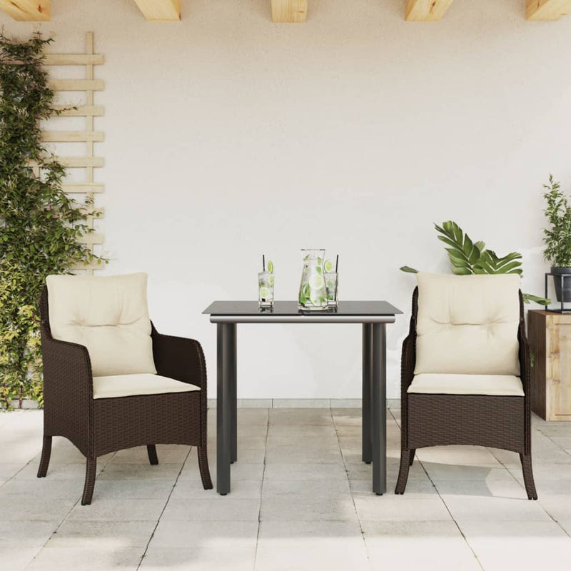 3 Piece Patio Dining Set with Cushions Brown Poly Rattan