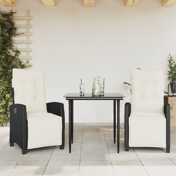 3 Piece Patio Dining Set with Cushions Black Poly Rattan