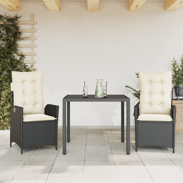 3 Piece Patio Dining Set with Cushions Black Poly Rattan