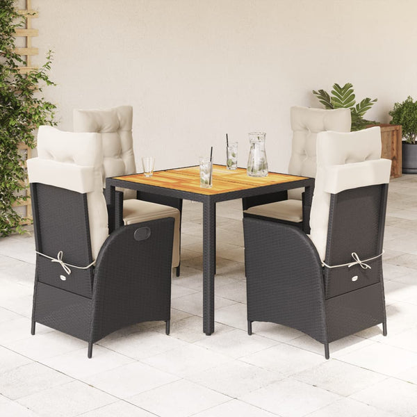 5 Piece Patio Dining Set with Cushions Black Poly Rattan