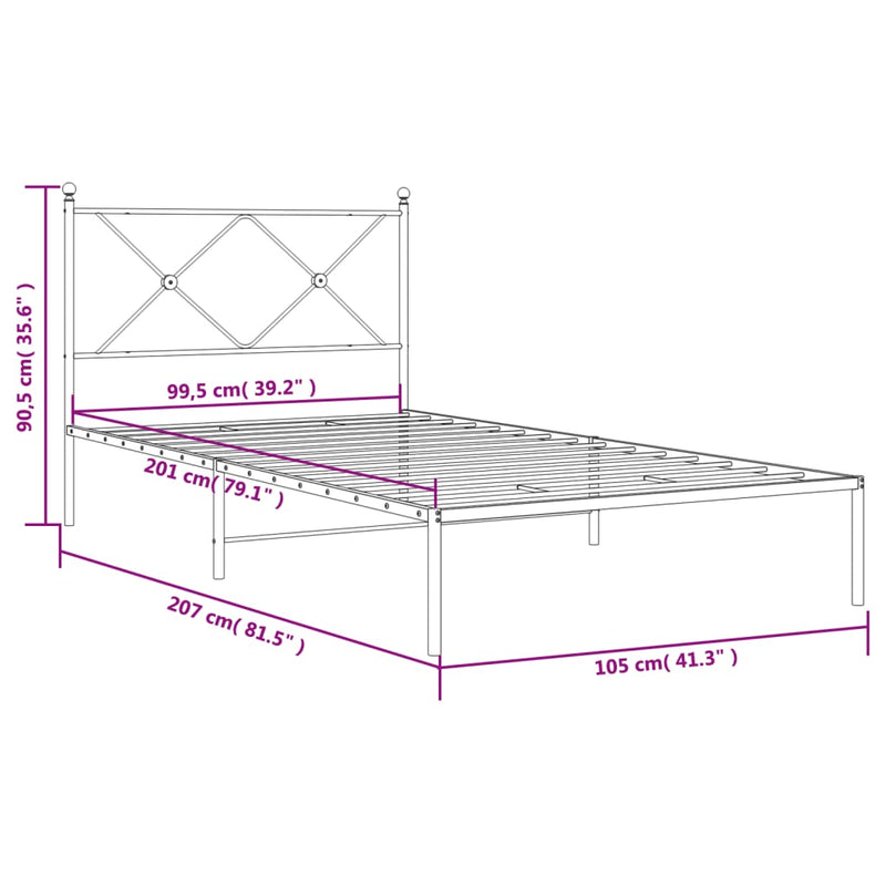 Metal Bed Frame with Headboard White 39.4"x78.7"