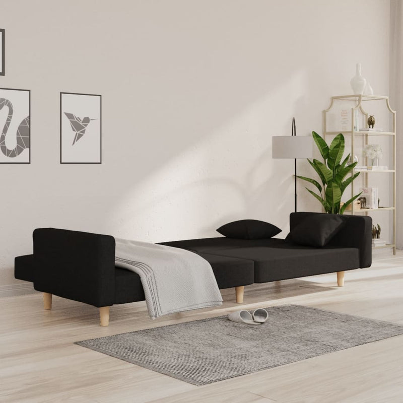 2-Seater Sofa Bed with Two Pillows Black Fabric