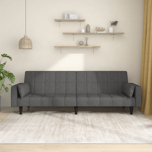 2-Seater Sofa Bed with Two Pillows Dark Gray Fabric