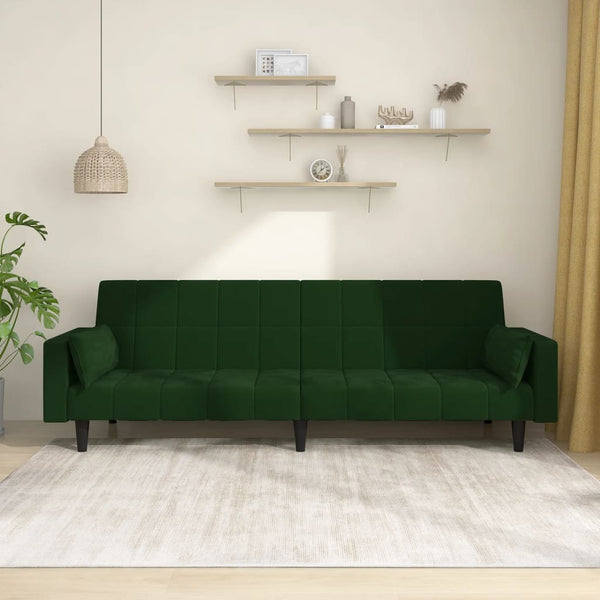 2-Seater Sofa Bed with Two Pillows Dark Green Velvet