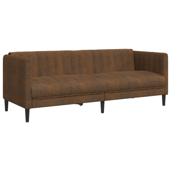 Sofa 3-Seater Brown Faux Suede Leather