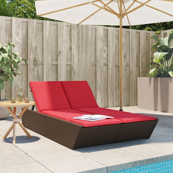 Double Sun Lounger with Cushions Brown Poly Rattan