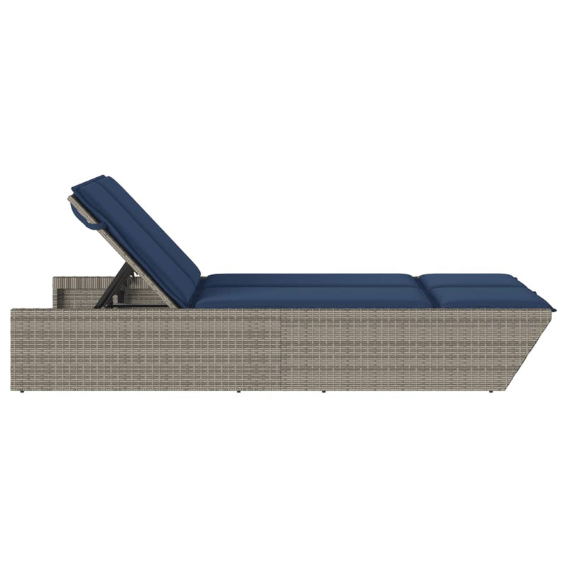 Double Sun Lounger with Cushions Gray Poly Rattan