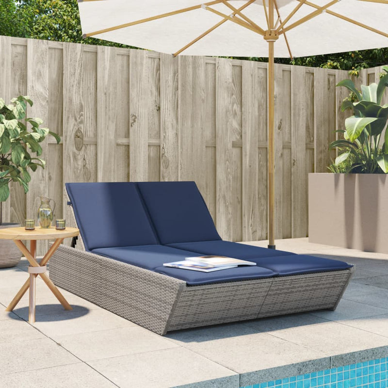 Double Sun Lounger with Cushions Gray Poly Rattan