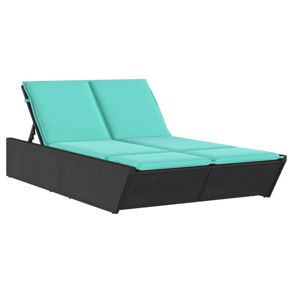 Double Sun Lounger with Cushions Black Poly Rattan