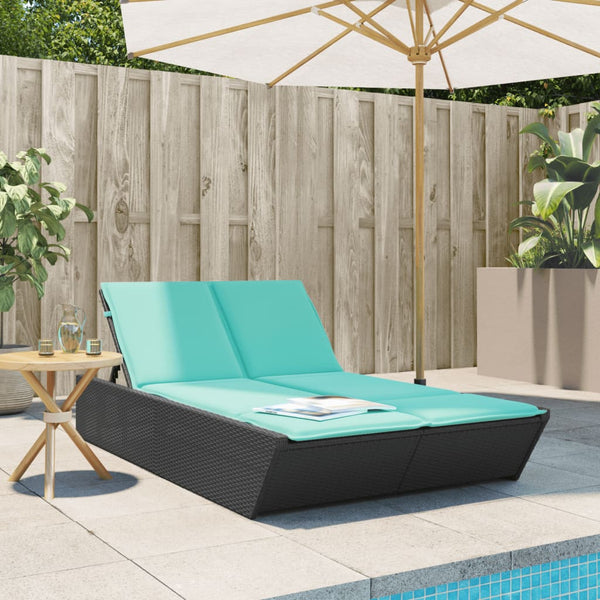 Double Sun Lounger with Cushions Black Poly Rattan