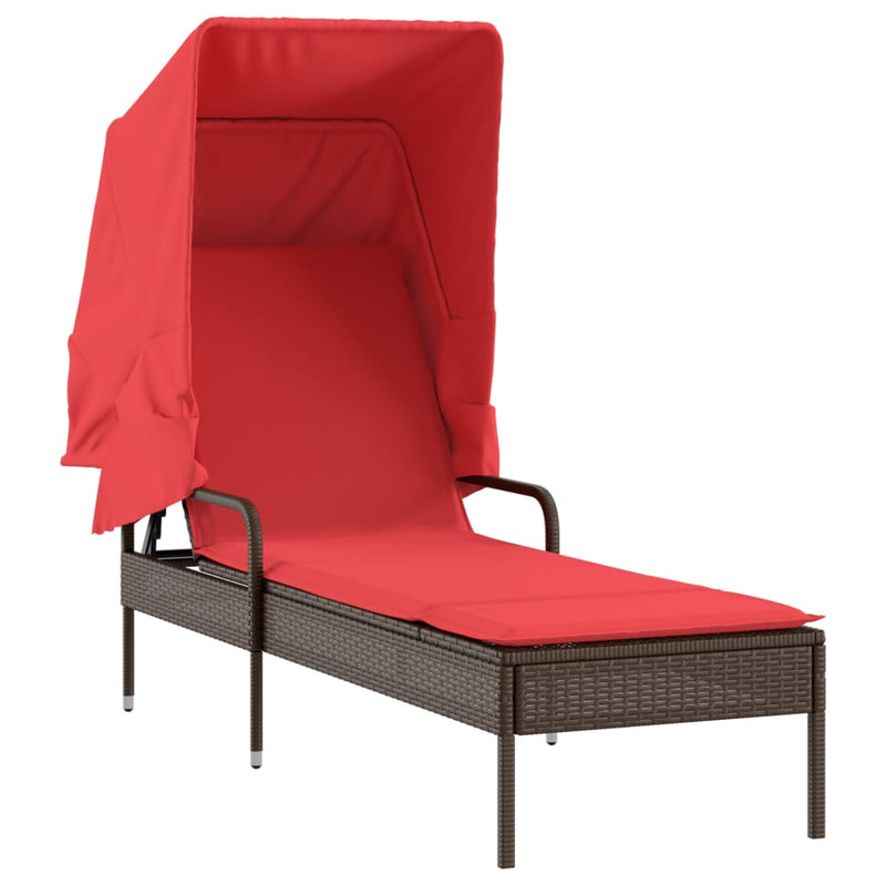 Sun Lounger with Canopy Brown Poly Rattan