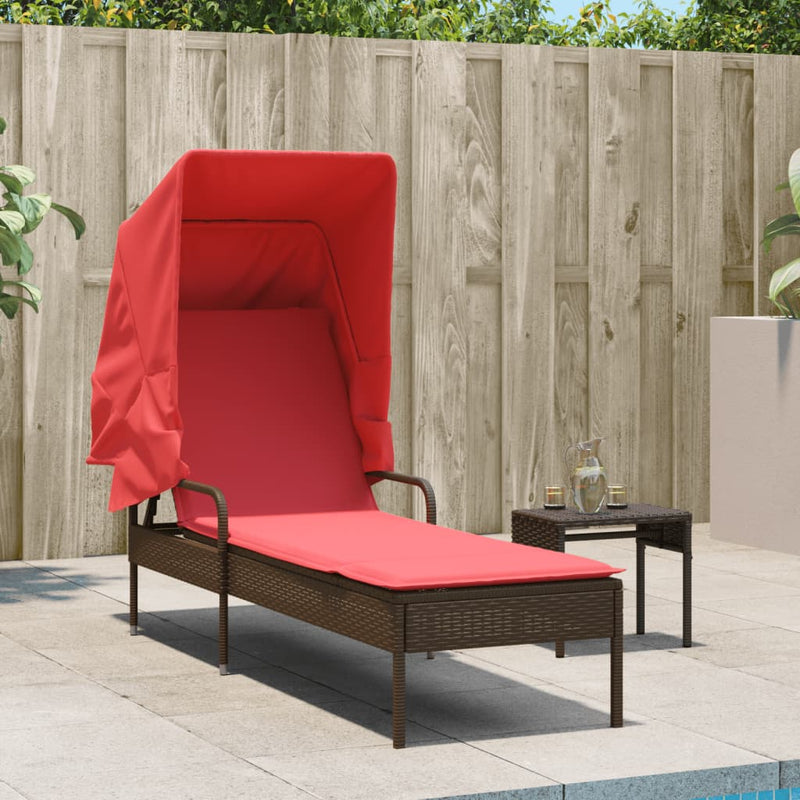 Sun Lounger with Canopy Brown Poly Rattan