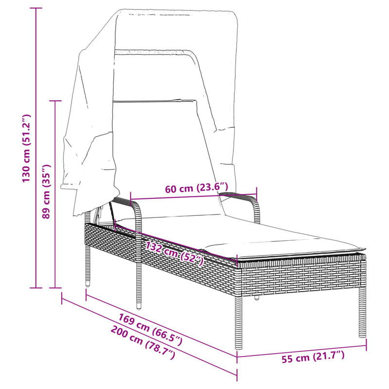 Sun Lounger with Canopy Brown Poly Rattan