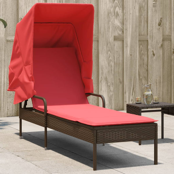 Sun Lounger with Canopy Brown Poly Rattan