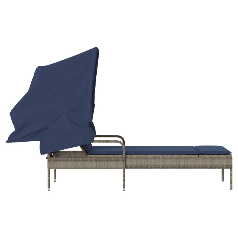 Sun Lounger with Canopy Gray Poly Rattan