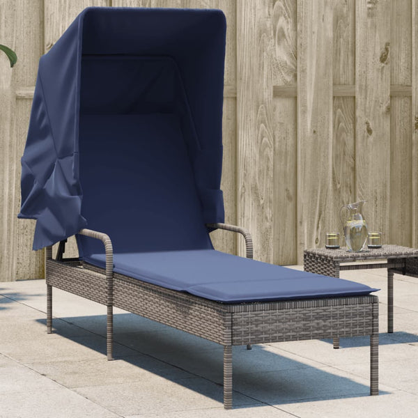 Sun Lounger with Canopy Gray Poly Rattan