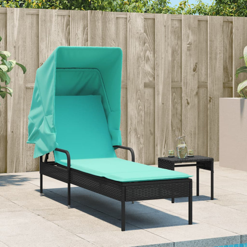 Sun Lounger with Canopy Black Poly Rattan