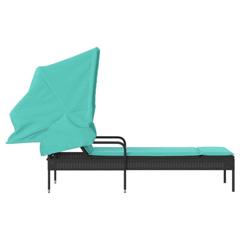 Sun Lounger with Canopy Black Poly Rattan