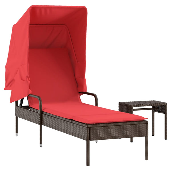 Sun Lounger with Canopy and Table Brown Poly Rattan