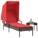 Sun Lounger with Canopy and Table Brown Poly Rattan