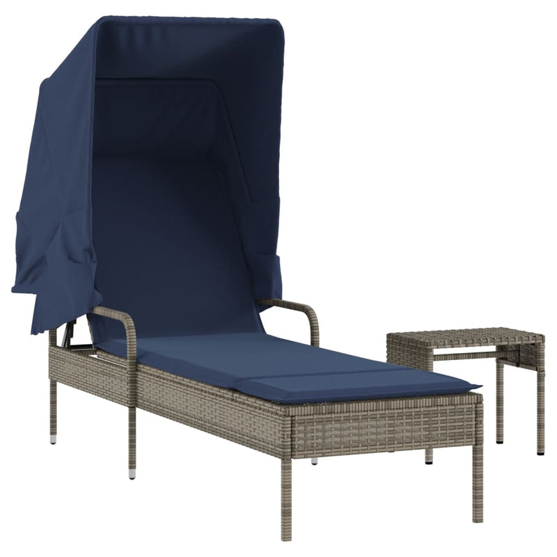 Sun Lounger with Canopy and Table Gray Poly Rattan