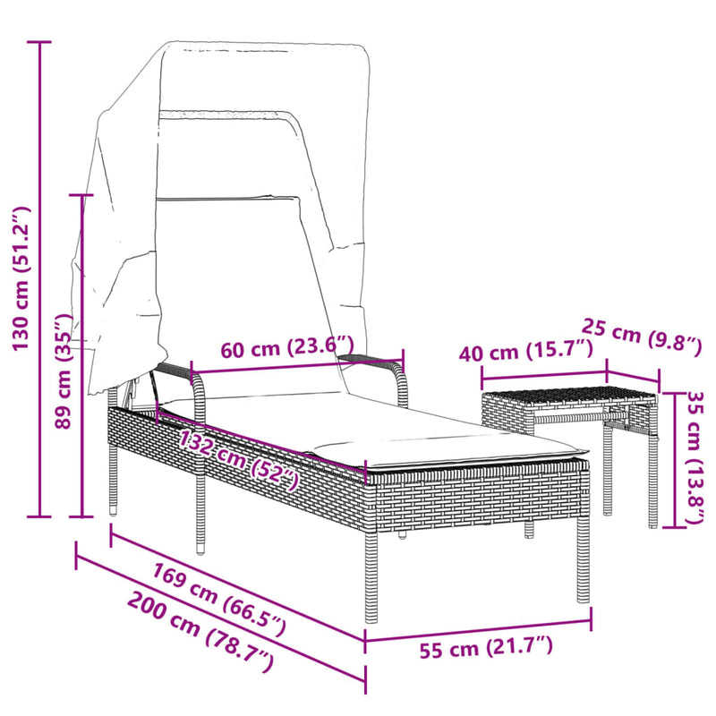 Sun Lounger with Canopy and Table Gray Poly Rattan