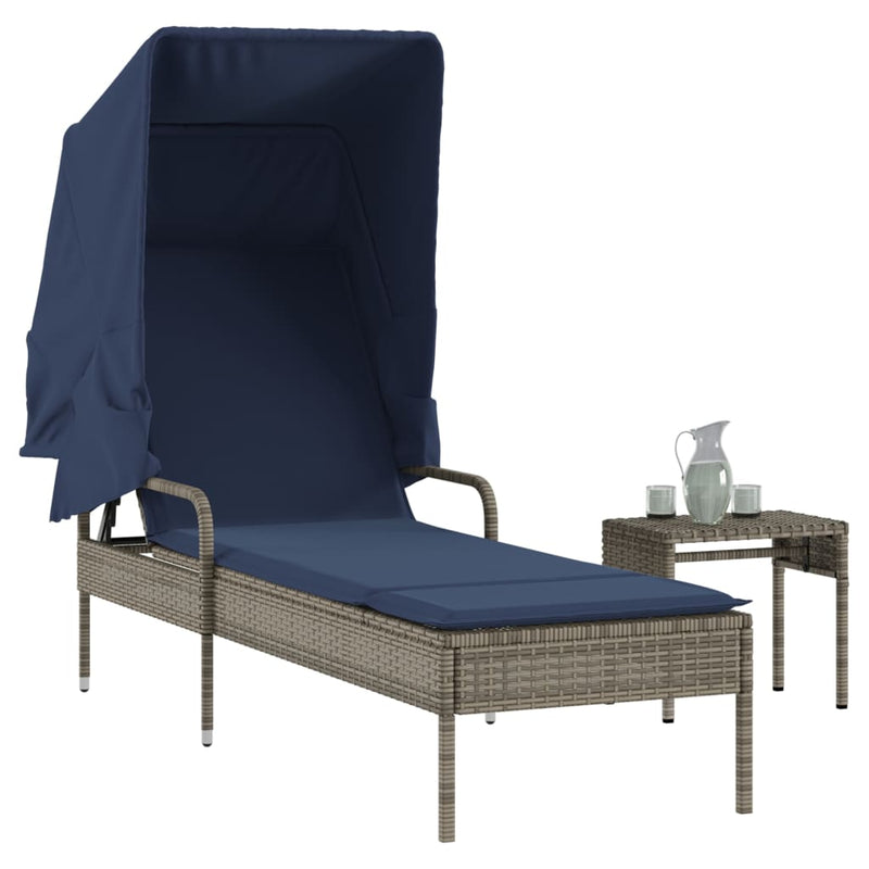 Sun Lounger with Canopy and Table Gray Poly Rattan