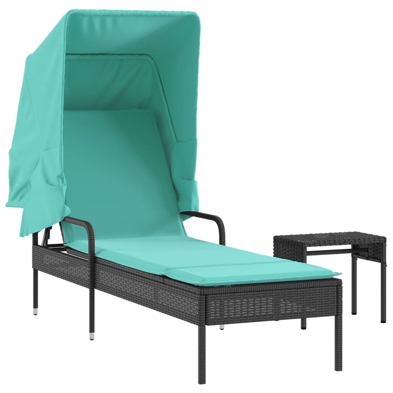 Sun Lounger with Canopy and Table Black Poly Rattan