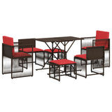 7 Piece Patio Dining Set with Cushions Brown Poly Rattan