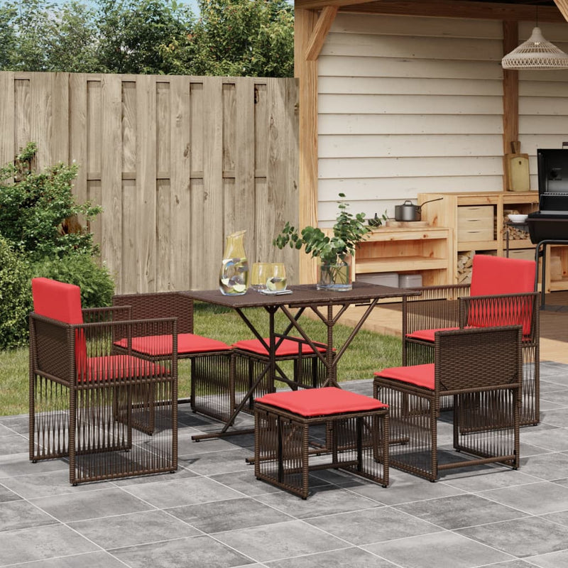 7 Piece Patio Dining Set with Cushions Brown Poly Rattan