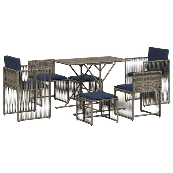 7 Piece Patio Dining Set with Cushions Gray Poly Rattan