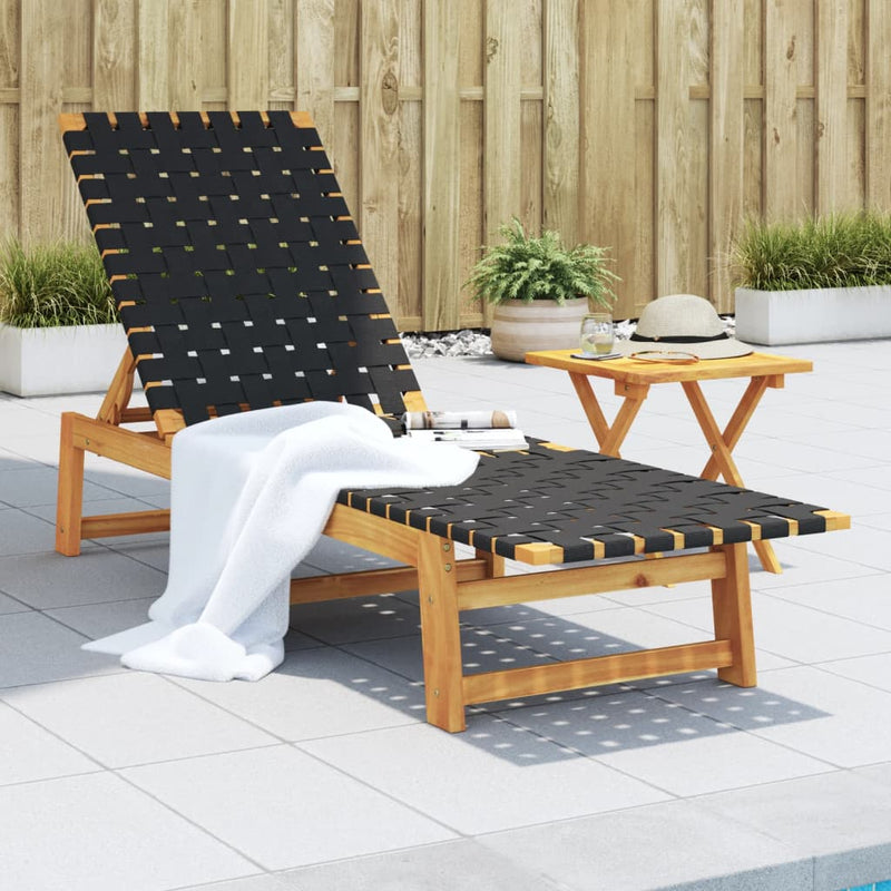 Sun Lounger with Table Black Solid Wood Acacia and Fabric