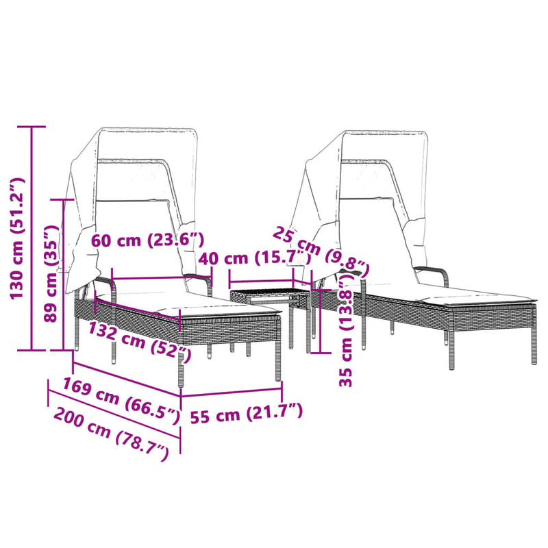 Sun Loungers 2 pcs with Canopies and Table Brown Poly Rattan