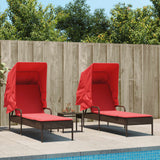 Sun Loungers 2 pcs with Canopies and Table Brown Poly Rattan