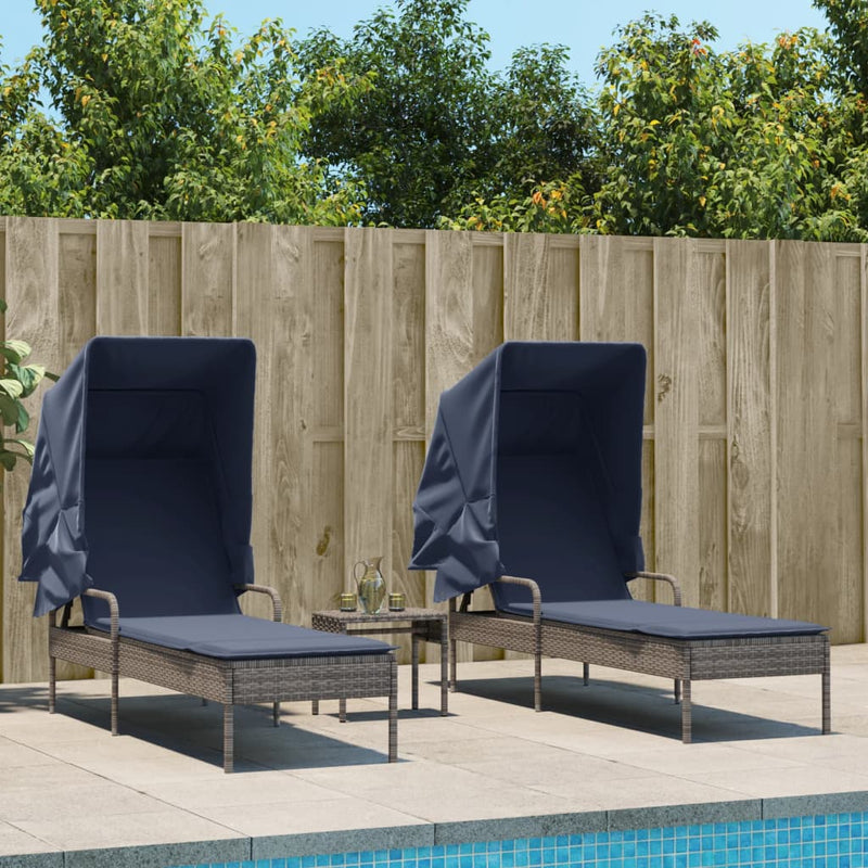 Sun Loungers 2 pcs with Canopies and Table Gray Poly Rattan